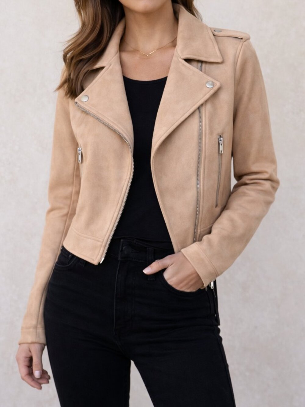 BB Dakota Faux Suede Moto Jacket Tan Cropped Vegan Biker Minimalist S